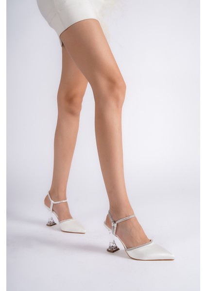 Kadın Sedef Saten Taş Detaylı Cam Ökçe Topuklu Abiye Ayakkabı Stiletto