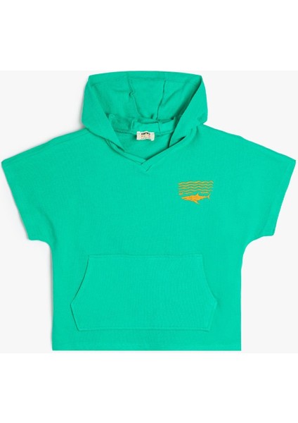 Kapşonlu Tişört Baskı Detaylı Kısa Kollu Kanguru Cepli Pamuklu 4SKB10687TK