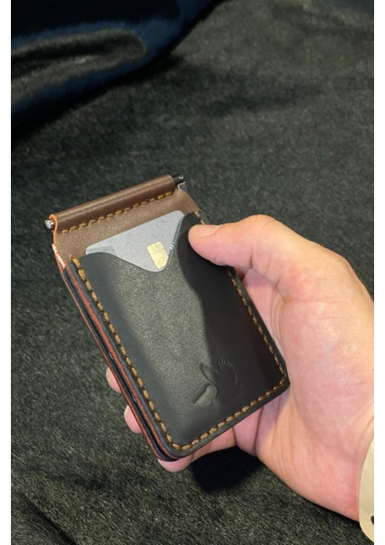 Para Klipsli Cüzdan Çift Renk Deri El Yapımı Slim Kartlık