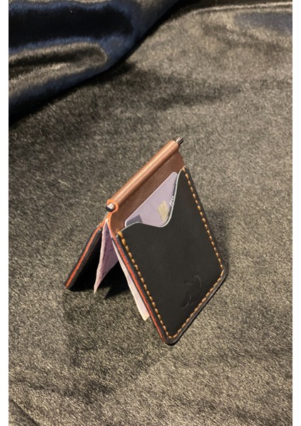 Para Klipsli Cüzdan Çift Renk Deri El Yapımı Slim Kartlık