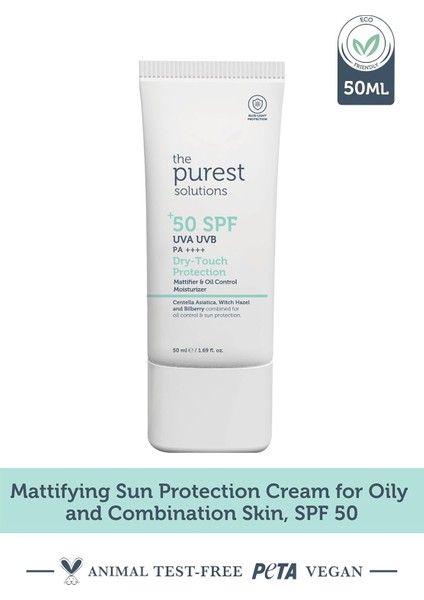 Purest Solutions, Yağlı ve Karma Ciltler Için Matlaştırıcı Güneş Koruyucu Krem Spf 50, 50 ml fiyatları