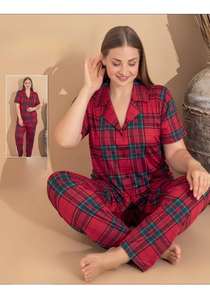 Kadın Milan Büyük Beden Boydan Düğmeli Kısa Kol Ince Pijama Takımı 11081 - 1 Adet