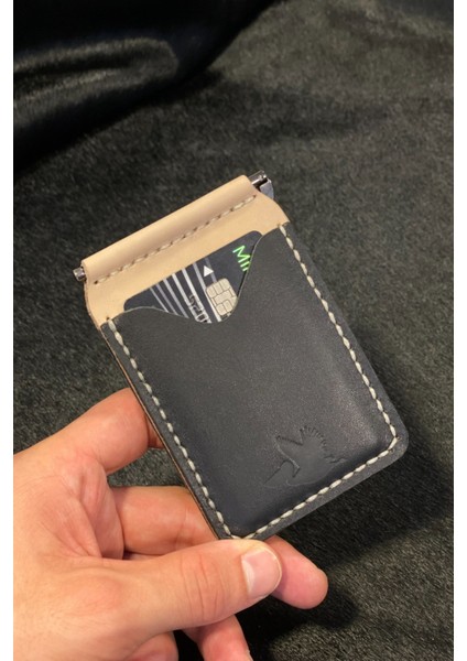 Para Klipsli Cüzdan Çift Renk Deri El Yapımı Slim Kartlık