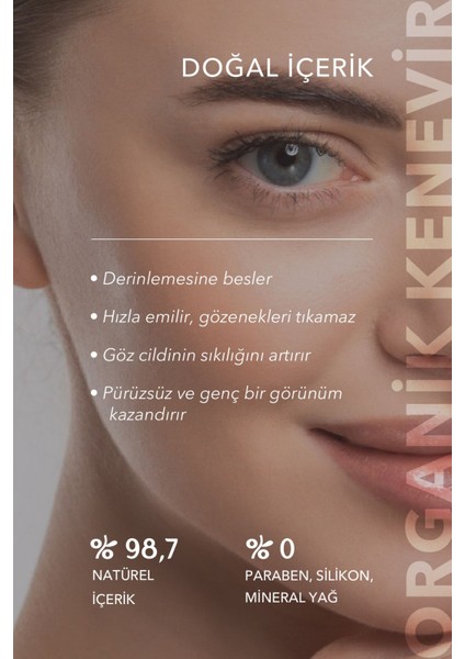 Göz Kremi Sıkılaştırıcı %98,7 Doğal, Yaşlanma Karşıtı Göz Altı Organik Kenevir, 30ml