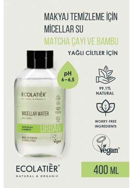 Micellar Makyaj Temizleme Suyu Yağlı Ciltler İçin, 400 ml Matcha Çayı ve Bambu