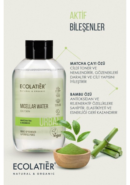 Micellar Makyaj Temizleme Suyu Yağlı Ciltler İçin, 400 ml Matcha Çayı ve Bambu