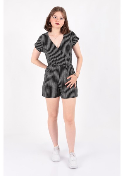 S0013686 Kadın Çizgili Kruvaze Yaka Tulum