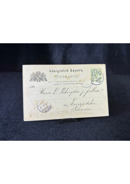 Bavaria Krallığı Antiye 1886 Yılı Alman Reich Döneminden 3 Pfennig Kendinden Pullu Post Kartı Postadan Geçmiş