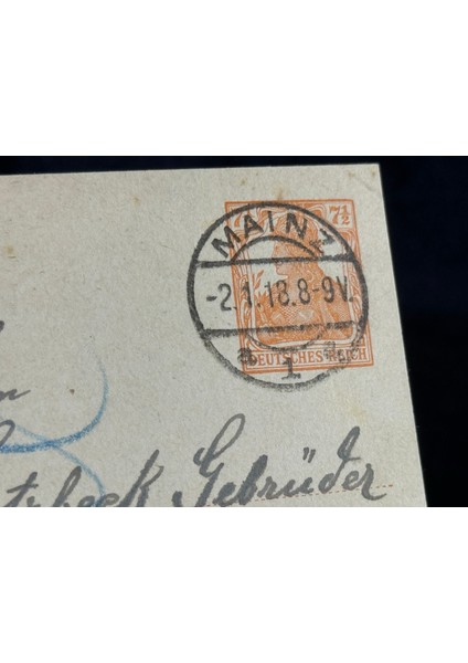 Antiye 1918 Yılından Almanya Germania 7 1/2 Pfennig Kendinden Pullu Post Kartı Postadan Geçmiş