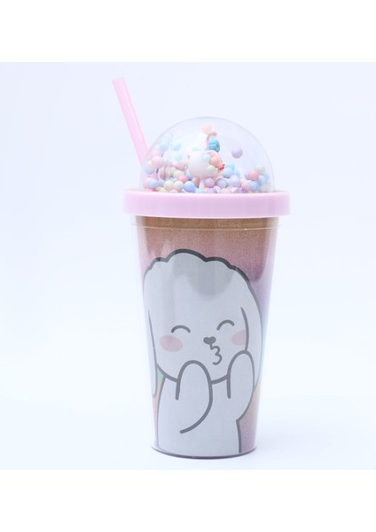 Karikatür Tavşan Taşınabilir Pipet Plastik Su Bardağı Çocuk Büyük Kapasiteli Yuvarlak Kapaklı Su Bardağı (Yurt Dışından)