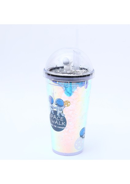 Astronot Işıklı Plastik Su Bardağı Yaz Taşınabilir Büyük Kapasiteli Düz Pipetli Bardak (Yurt Dışından)