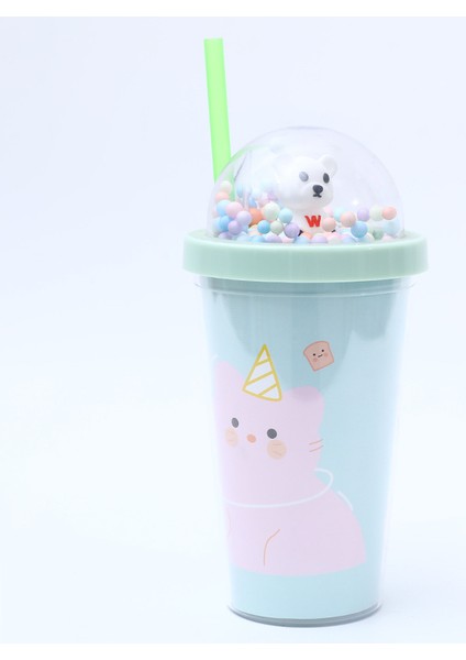 Yaz Çift Katmanlı Taşınabilir Pipetli Bardak Karikatür Bebek Ayı Plastik Su Bardağı (Yurt Dışından)