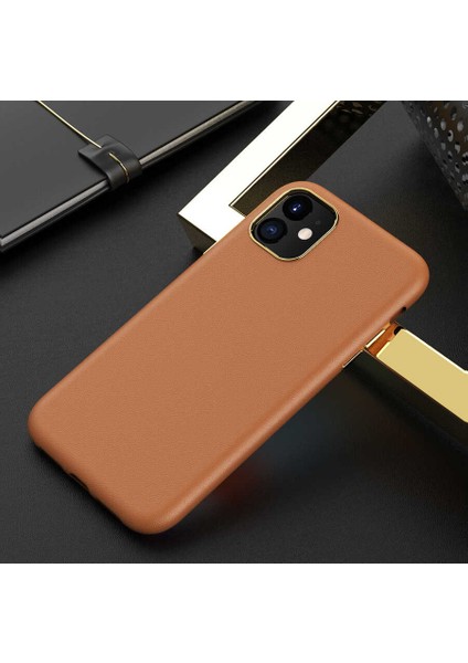 Iphone 13 Mini Uyumlu Deri Görünümlü Metal Kamera Çıkıntılı Sert Natura Kapak