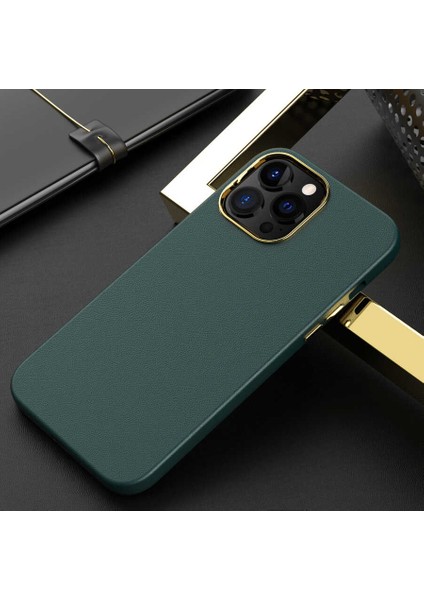Iphone 13 Pro Uyumlu Deri Görünümlü Metal Kamera Çıkıntılı Sert Natura Kapak