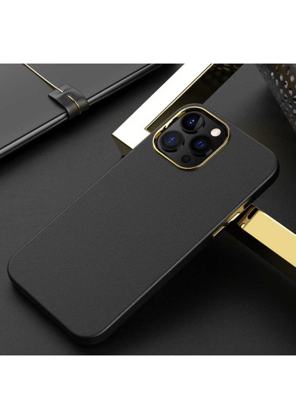 Iphone 13 Pro Max Uyumlu Deri Görünümlü Metal Kamera Çıkıntılı Sert Natura Kapak