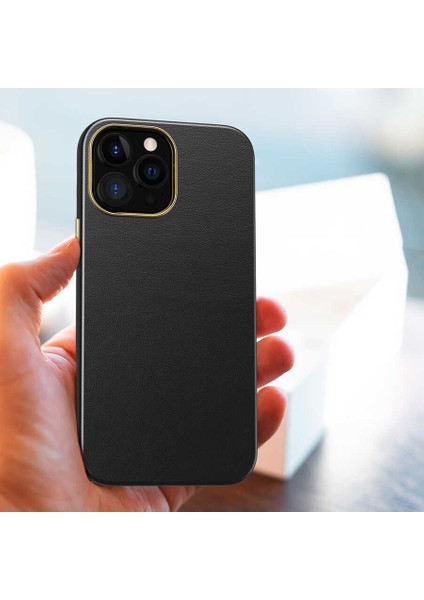 Iphone 13 Pro Max Uyumlu Deri Görünümlü Metal Kamera Çıkıntılı Sert Natura Kapak indirimleri
