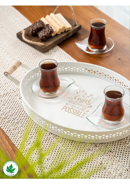 Tulipa Ahşap Kulplu Desenli Oval Metal Servis Tepsisi 37CM, Kahve Tepsisi, Sunum Tepsisi (Possible Baskılı)