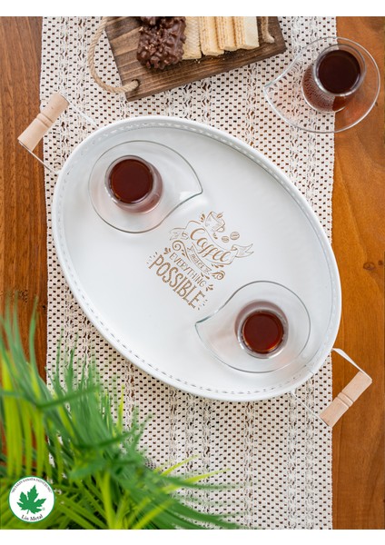 Tulipa Ahşap Kulplu Desenli Oval Metal Servis Tepsisi 37CM, Kahve Tepsisi, Sunum Tepsisi (Possible Baskılı)