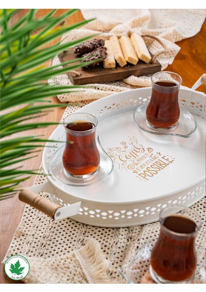 Tulipa Ahşap Kulplu Desenli Oval Metal Servis Tepsisi 37CM, Kahve Tepsisi, Sunum Tepsisi (Possible Baskılı)
