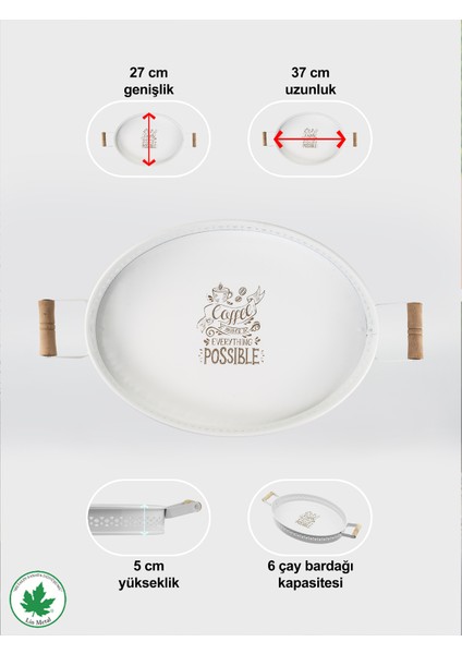 Tulipa Ahşap Kulplu Desenli Oval Metal Servis Tepsisi 37CM, Kahve Tepsisi, Sunum Tepsisi (Possible Baskılı)