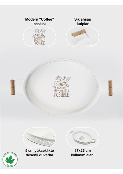 Tulipa Ahşap Kulplu Desenli Oval Metal Servis Tepsisi 37CM, Kahve Tepsisi, Sunum Tepsisi (Possible Baskılı)