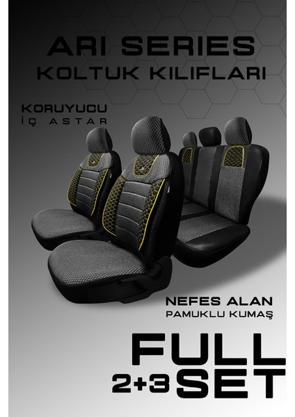 Arı Serisi Siyah Pamuklu Kumaş Koltuk Kılıfı Standart Siyah Sarı