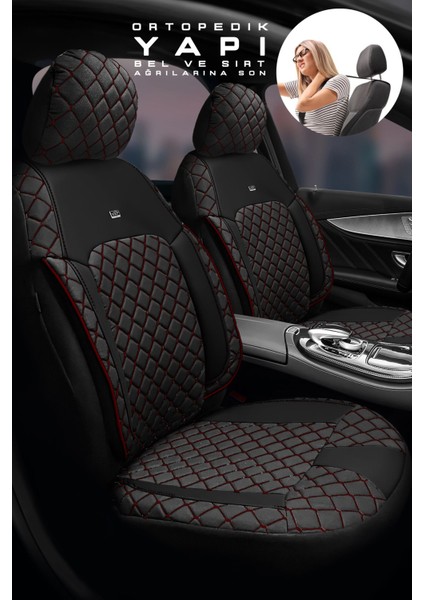 Opel Astra H Kasa / Hatchback 2005-2010 Aracınıza Uyumlu Koltuk Kılıfı Jakar Deri Siyah Krmz