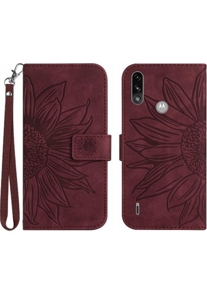 Motorola E7 Güç Kabartmalı Ayçiçeği Kısa Kayış Lüks Pu ile Kılıf (Yurt Dışından)