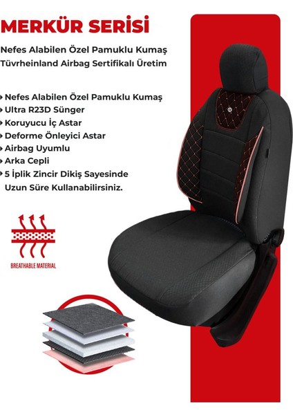 Merkür Serisi Siyah Pamuklu Kumaş Koltuk Kılıfı Siyah Kırmızı Ticari 2+1