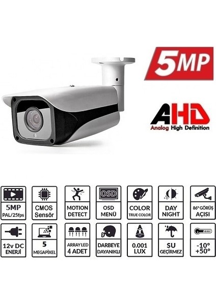 EZ-5550HD 5mp 3.6mm Lens 4 Array Ahd Bullet Kamera