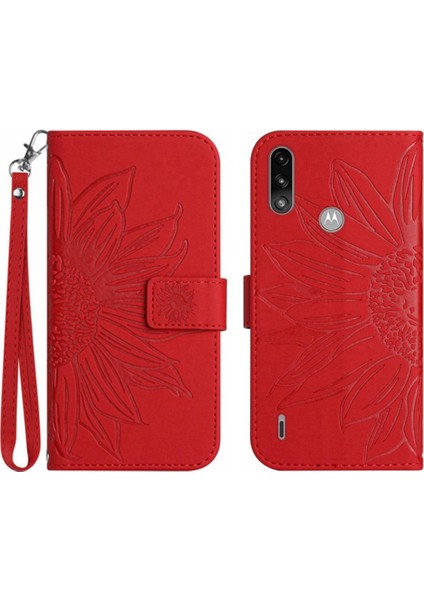 Motorola E7 Güç Kabartmalı Ayçiçeği Kısa Kayış Lüks Pu ile Kılıf (Yurt Dışından)