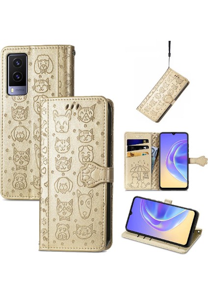 Vivo V21E 5g Için Kılıf Kısa Kayış Deri Kılıf Kapak Kapak Karikatür Hayvanlar (Yurt Dışından)