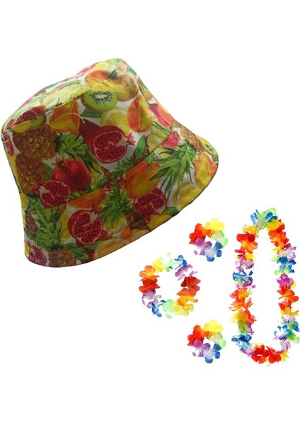 4 Lü Hawai Set ve Bucket Model Meyveli Yazlık Bez Şapka Md4