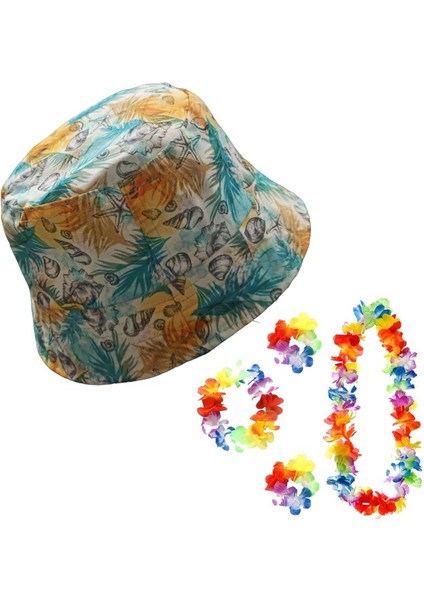 4 Lü Hawai Set ve Bucket Model Tropikal Yapraklı Yazlık Bez Şapka Md5
