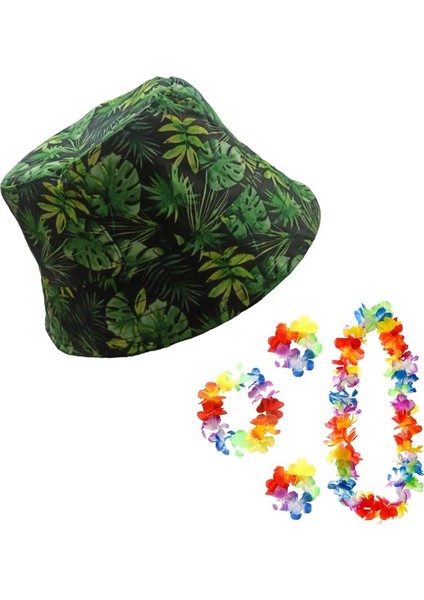 4 Lü Hawai Set ve Bucket Model Tropikal Yapraklı Yazlık Bez Şapka Md7
