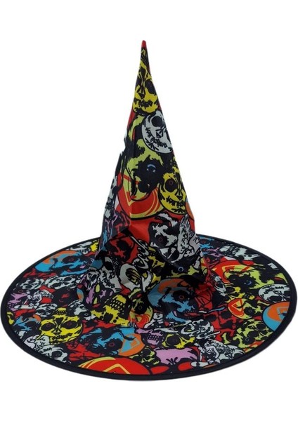 Halloween Siyah Dralon Kumaş Kurukafalı Cadı Şapkası Yetişkin 1 Adet