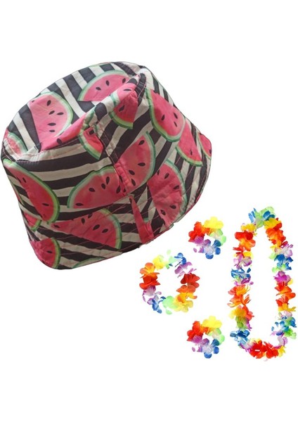 4 Lü Hawai Set ve Bucket Model Meyveli Yazlık Bez Şapka Md1