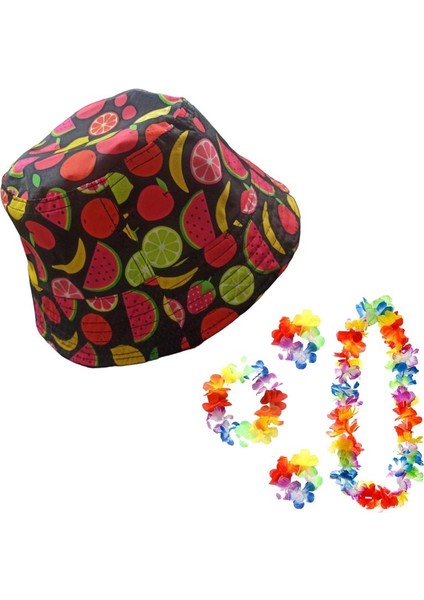 4 Lü Hawai Set ve Bucket Model Meyveli Yazlık Bez Şapka Md2