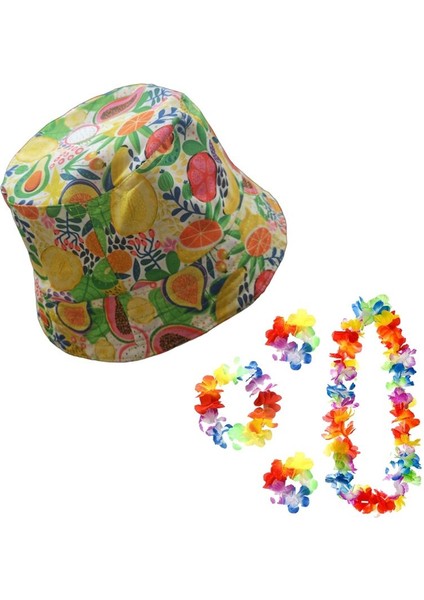 4 Lü Hawai Set ve Bucket Model Meyveli Yazlık Bez Şapka Md3