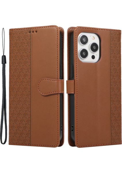 R20 iPhone 13 Pro Için 6.1 Inç Deri Kılıf Ekleme Eşkenar Dörtgen Telefon Kapağı, Kart Tutuculu-Kahverengi (Yurt Dışından)