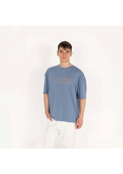 Oversized World Baskılı Erkek Indigo T-Shirt