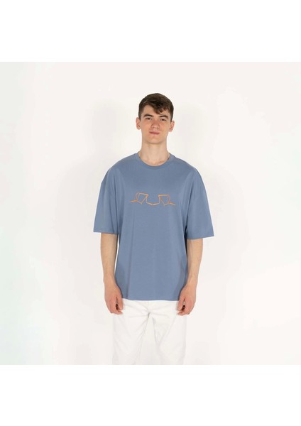Oversized World Baskılı Erkek Indigo T-Shirt