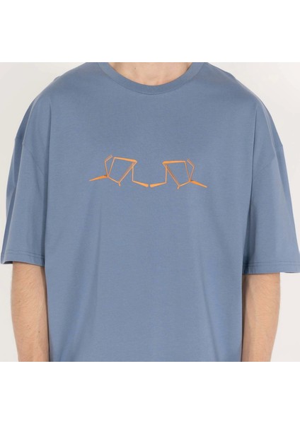 Oversized World Baskılı Erkek Indigo T-Shirt