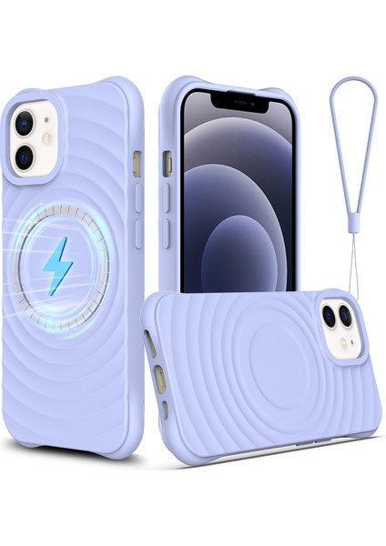 iPhone 12 Mini Için Manyetik Kılıf Askılı Su Dalgalı Dokulu Sıvı Silikon Telefon Kapağı-Mor (Yurt Dışından)