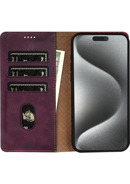 iPhone 14 Pro Için Darbeye Dayanıklı Kılıf Düz Renk Deri Cüzdan Telefon Kabuğu-Şarap Kırmızısı (Yurt Dışından)
