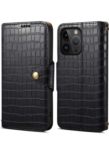 iPhone 13 Pro Için Deri Kılıf Düşmeye Lı Timsah Dokulu Cüzdan Telefon Kapağı-Siyah (Yurt Dışından)