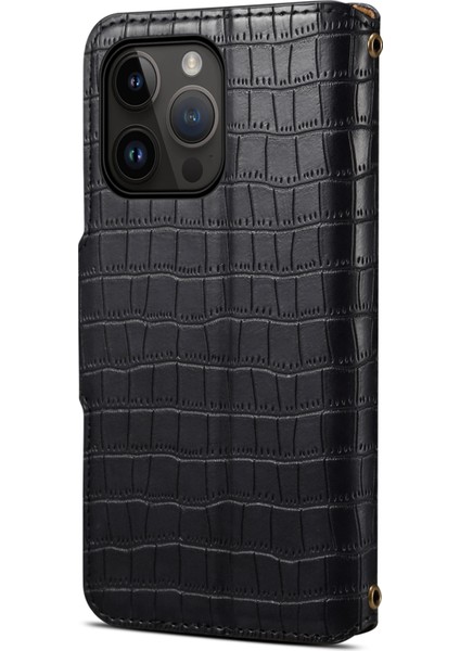 iPhone 13 Pro Için Deri Kılıf Düşmeye Lı Timsah Dokulu Cüzdan Telefon Kapağı-Siyah (Yurt Dışından)