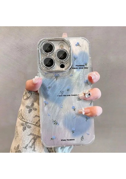 iPhone 13 Pro 6.1 Inç Cep Telefonu Kılıfı Tpu+Pc Imd Aşk Kalp Çiçek Desenli Kapak-Mavi (Yurt Dışından)