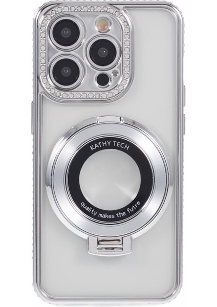 iPhone 15 Pro Max Için Kılıf Taşlı Lens Çerçevesi Tpu Telefon Kapağı Halkalı Kickstand-Gümüş (Yurt Dışından)
