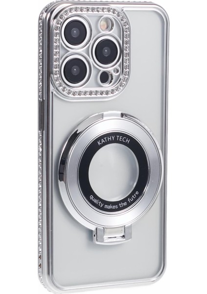 iPhone 15 Pro Max Için Kılıf Taşlı Lens Çerçevesi Tpu Telefon Kapağı Halkalı Kickstand-Gümüş (Yurt Dışından)